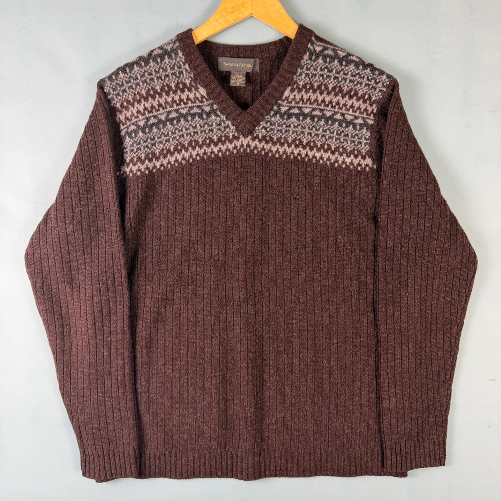 Vintage 90s Banana Republic Mens M Brown Fair Isle Ribbed Lambswool V Sweater